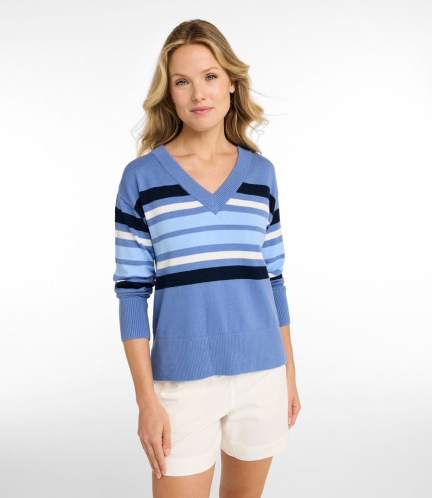 Women's Cotton/Cashmere Sweater, V-Neck Stripe