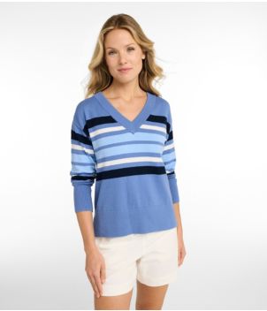 Women's Cotton/Cashmere Sweater, V-Neck Stripe, New