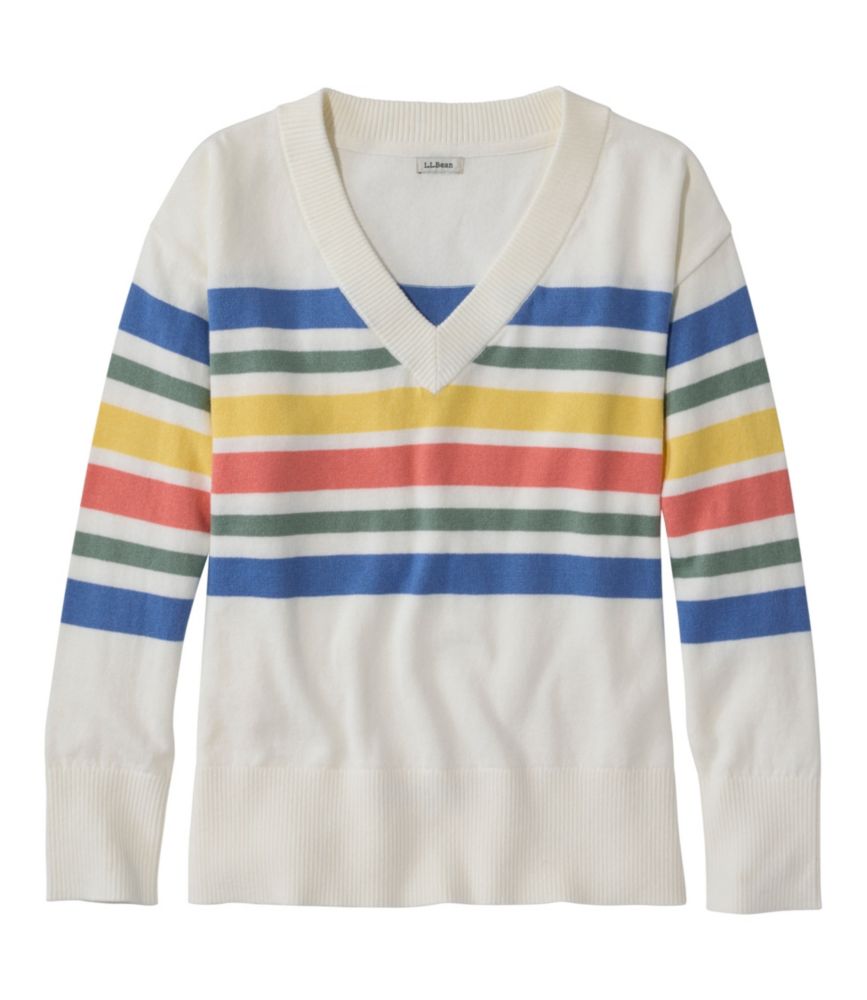 Women's Cotton/Cashmere Sweater, V-Neck Stripe