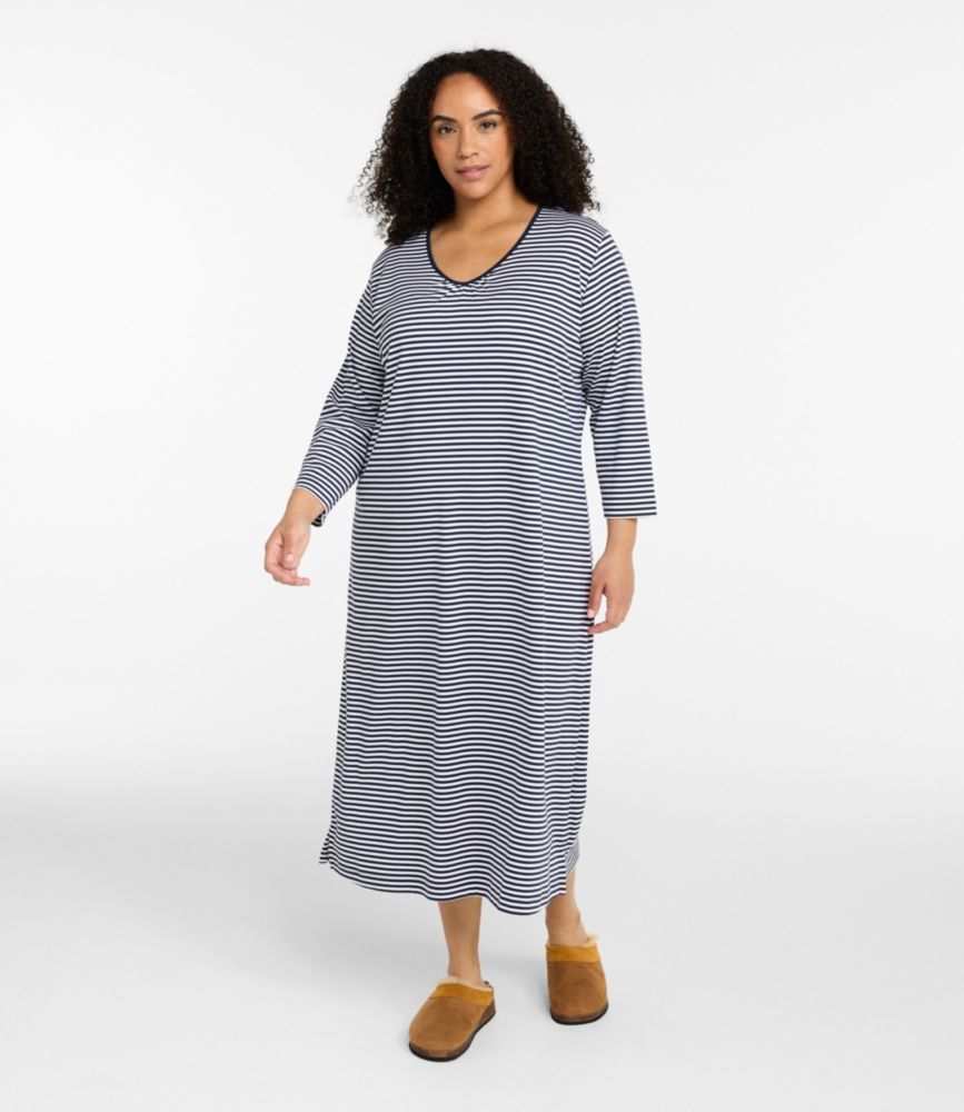 Women's Supima Nightgown, V-Neck Three-Quarter-Sleeve Stripe, Classic Navy Stripe, small image number 2