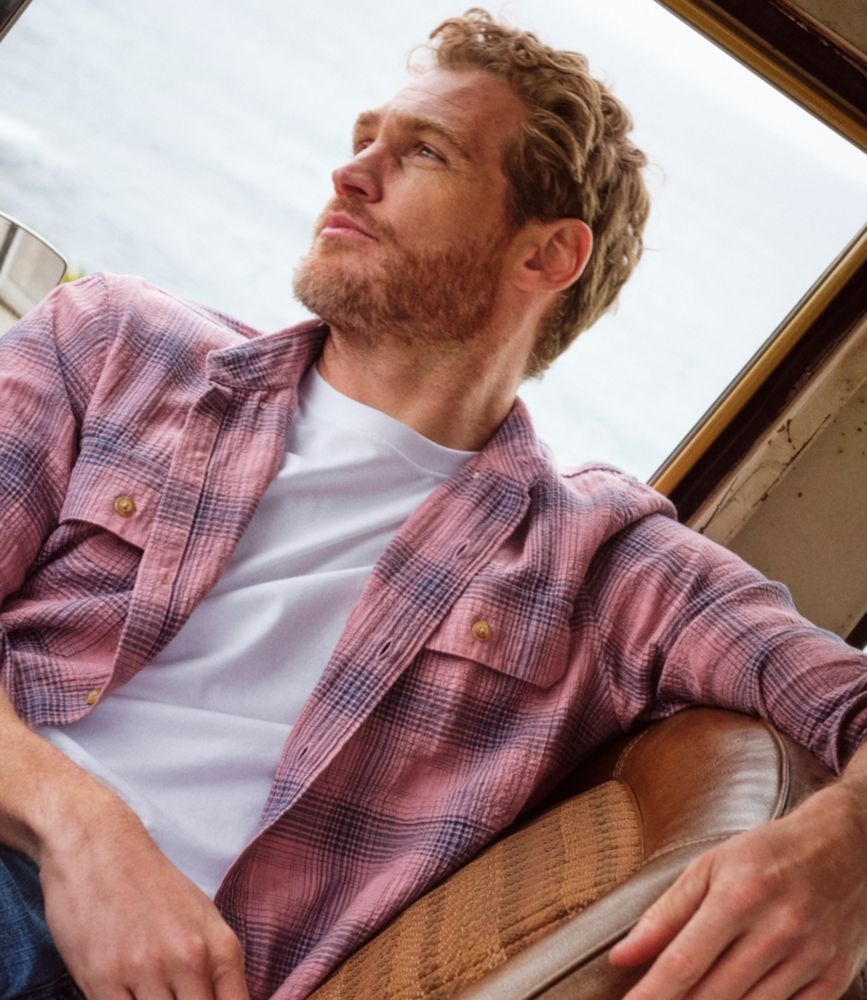 Men's Sunwashed Textured Shirt, Slightly Fitted, Plaid, Dark Bronze, small image number 12