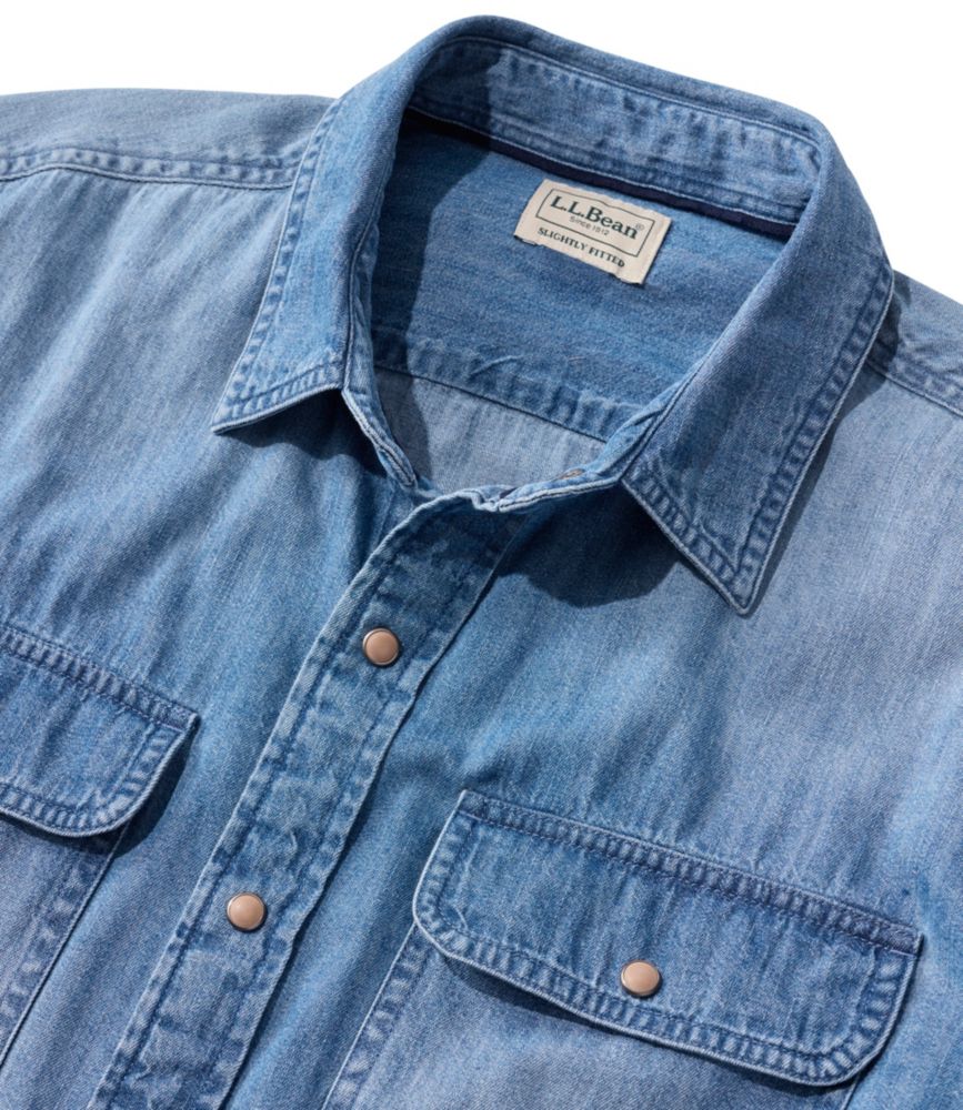 Men's Sunwashed Denim Shirt, Slightly Fitted Untucked Fit, Medium Wash, small image number 4
