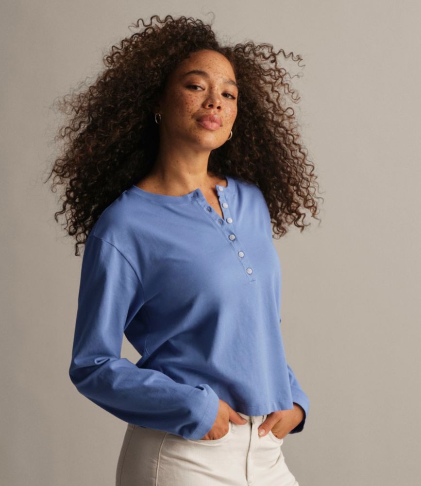 Women's Sunwashed Tee, Long-Sleeve Cropped Boxy Henley, Classic Navy, small image number 6