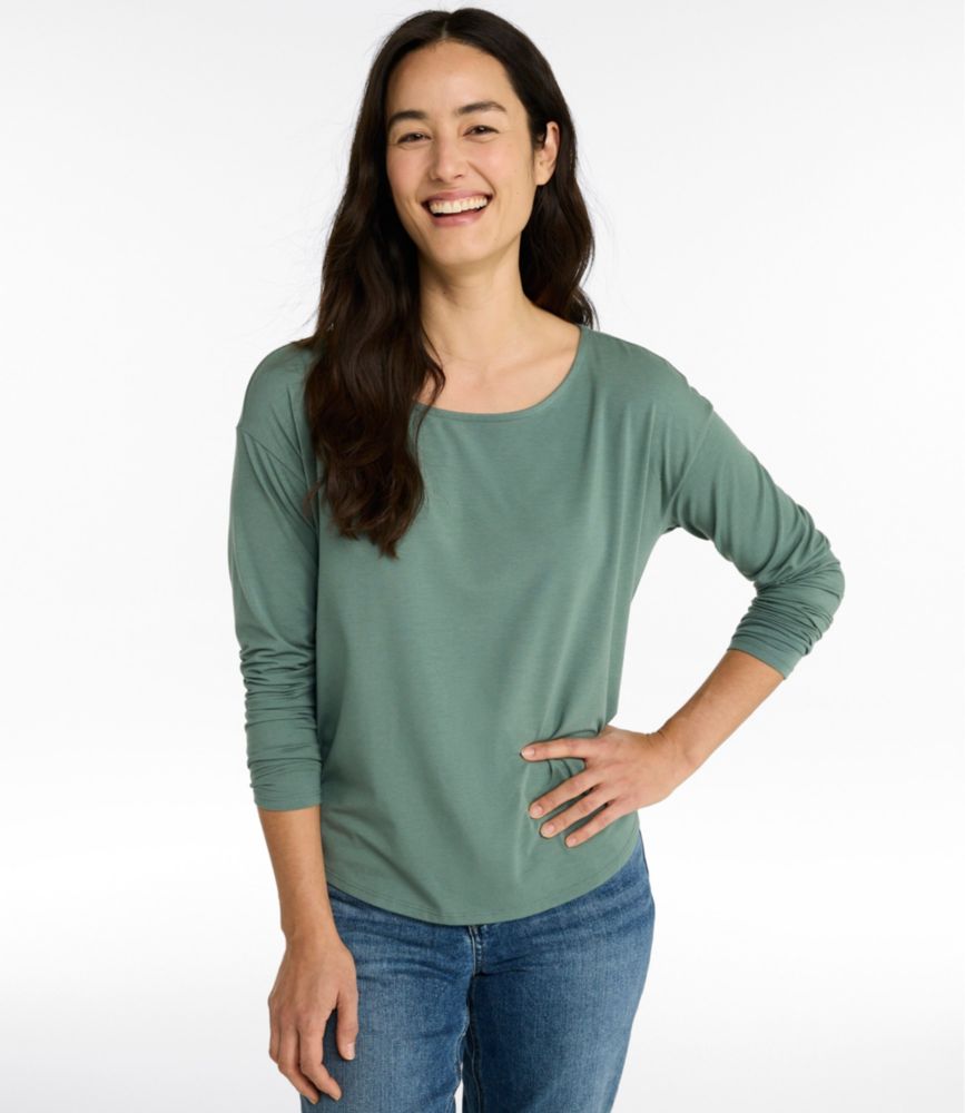 Women's Soft Stretch Supima-Blend Tee, Long Dolman-Sleeve Jewelneck
