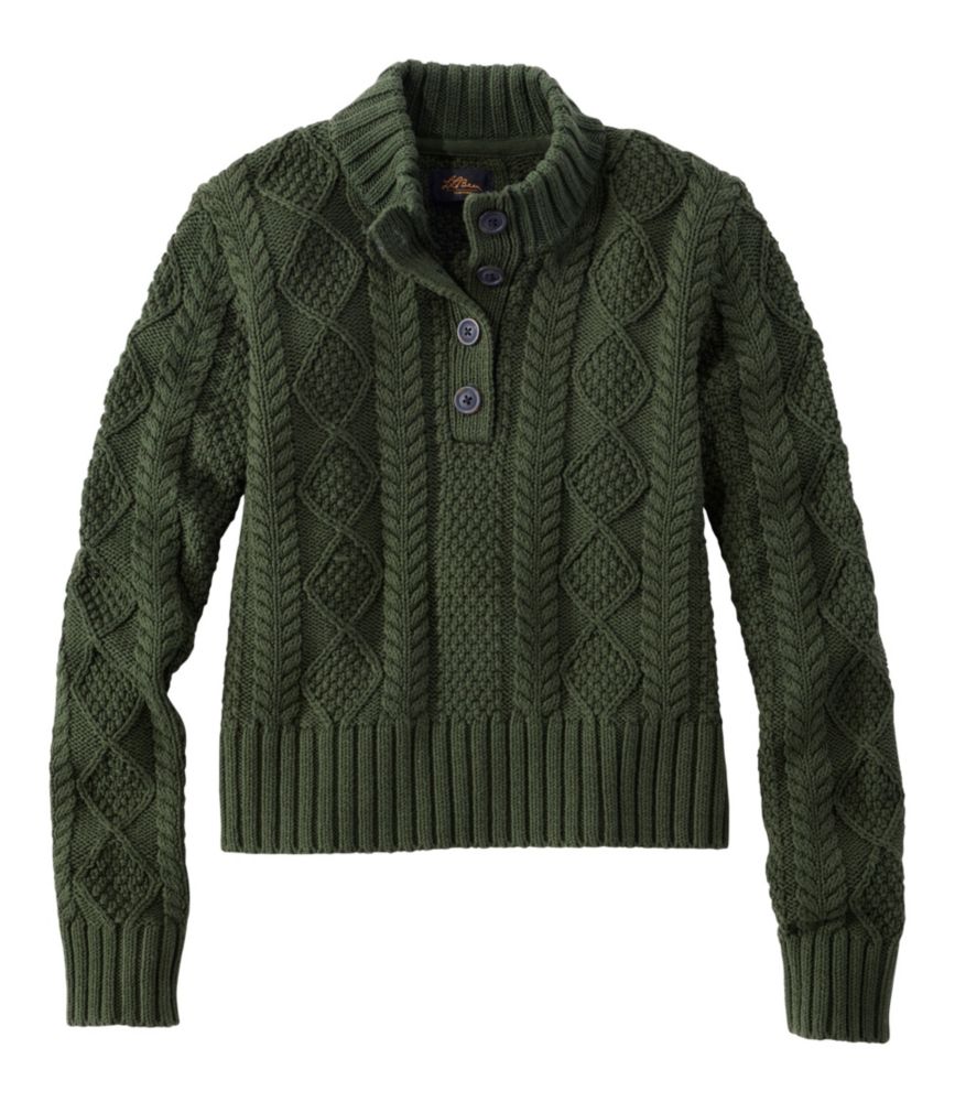 Women's Signature Cotton Fisherman Sweater, Mockneck, Forest Shade, small image number 1