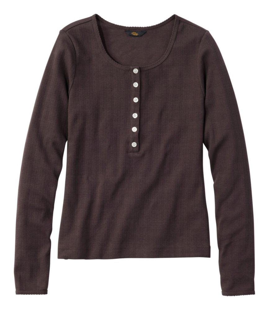 Women's Signature Premium Essential Pointelle Tee, Long-Sleeve Henley, Deepest Brown, small image number 1