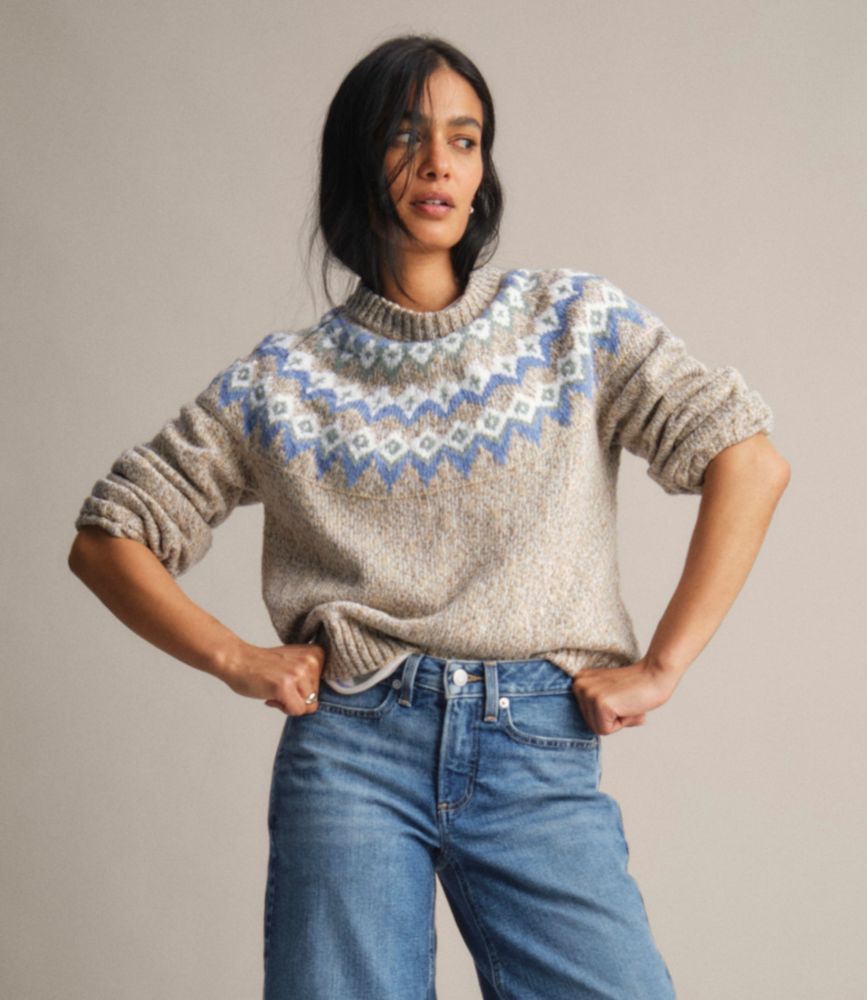 Women's Cotton Ragg Sweater, Relaxed Crewneck Fair Isle Yoke, Khaki Fair Isle, small image number 5