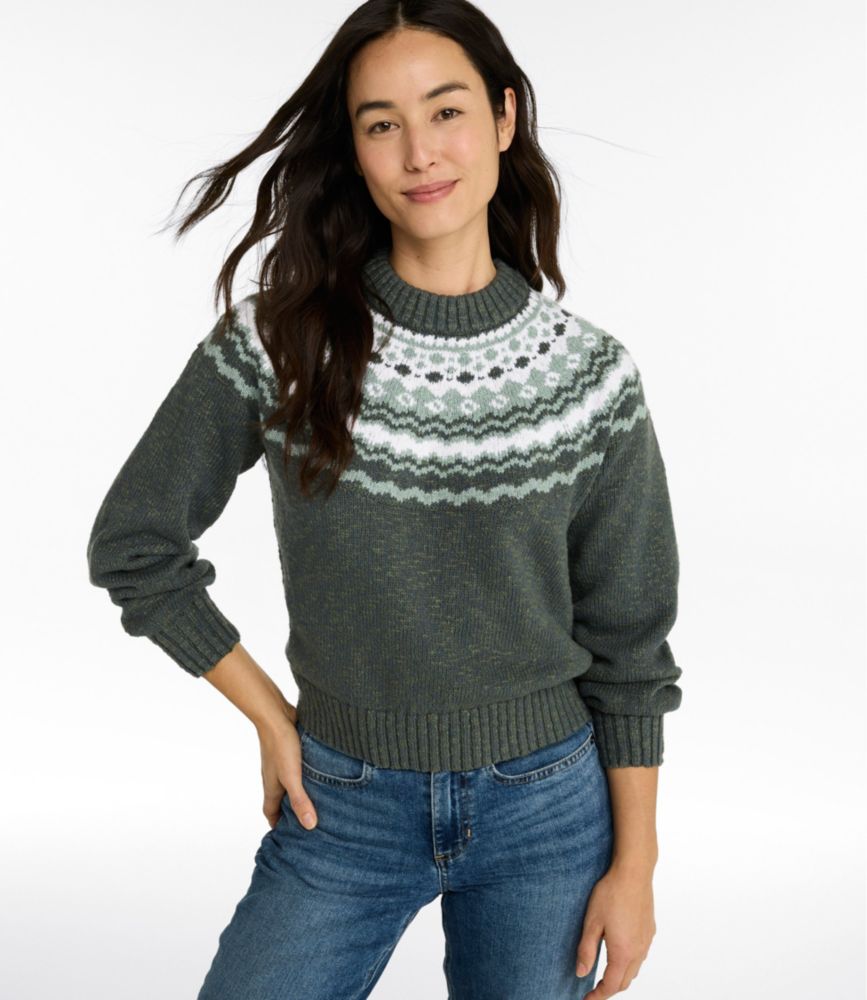 Women's Cotton Ragg Sweater, Relaxed Crewneck Fair Isle Yoke