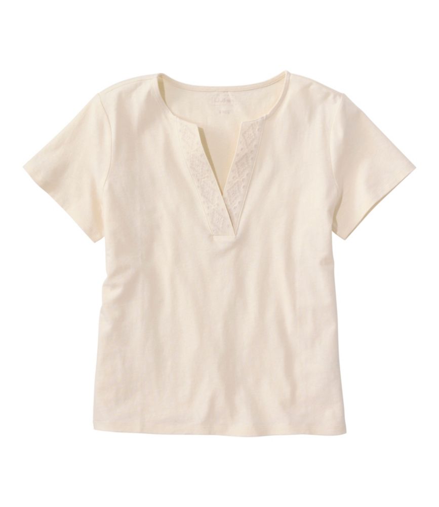 Women's Lakeside Linen/Cotton Tee, Short-Sleeve Embroidered Splitneck