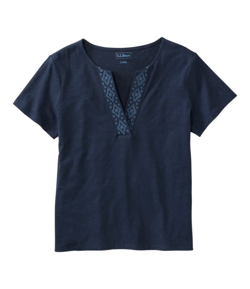 Women's Lakeside Linen/Cotton Tee, Short-Sleeve Embroidered Splitneck