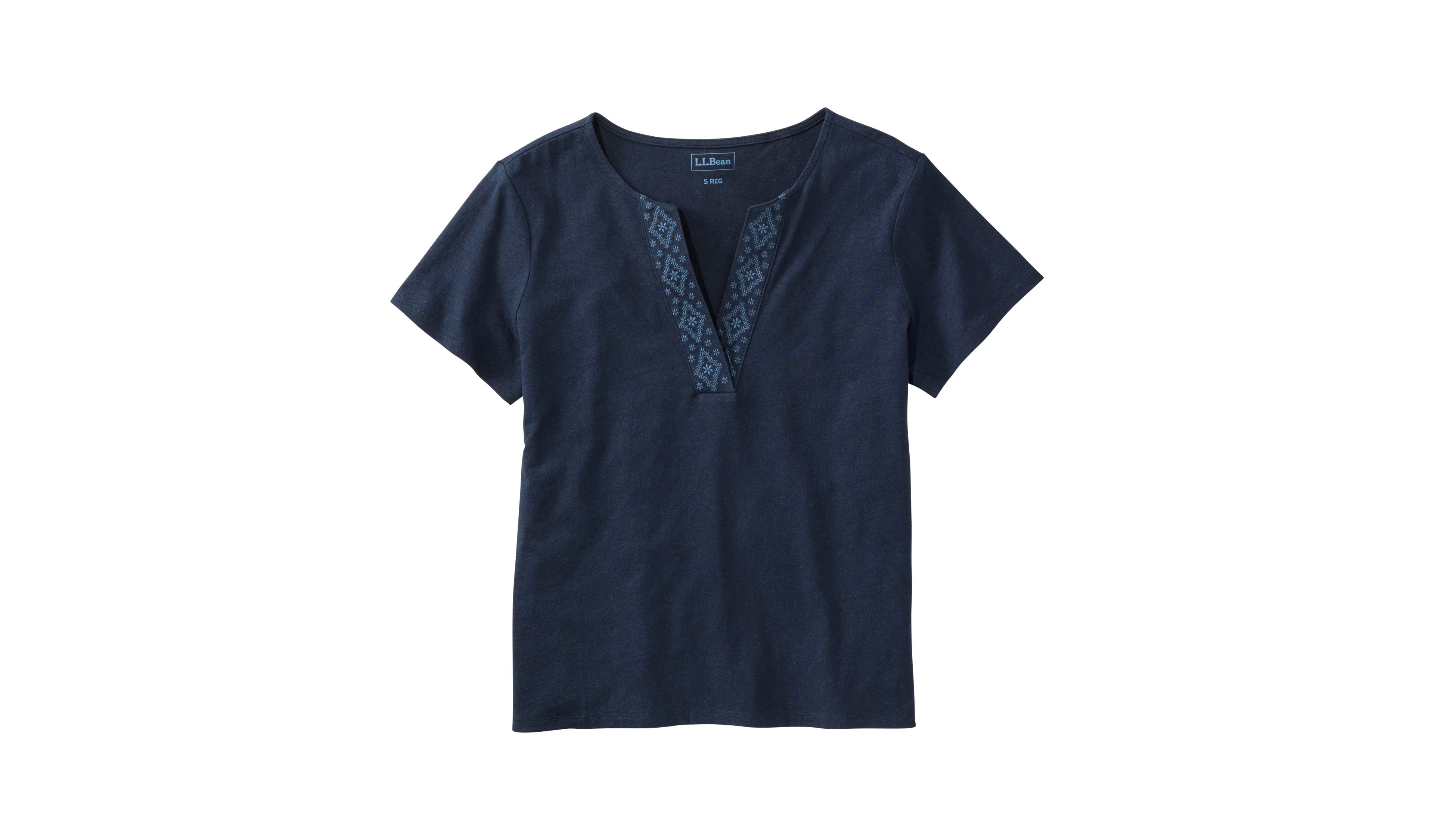 Women's Lakeside Linen/Cotton Tee, Short-Sleeve Embroidered Splitneck