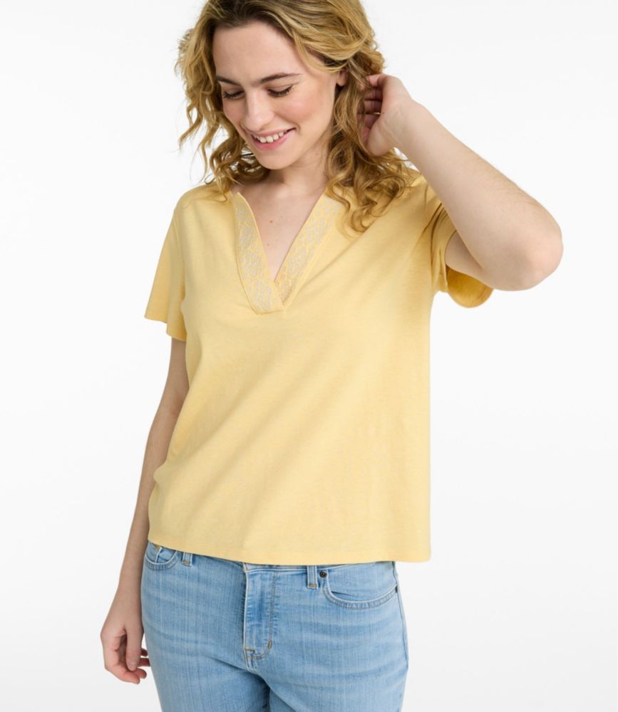 Women's Lakeside Linen/Cotton Tee, Short-Sleeve Embroidered Splitneck, New