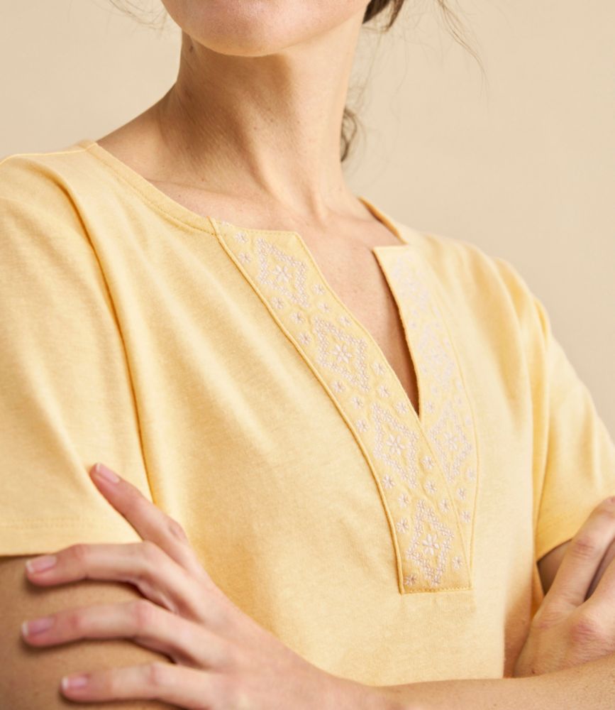 Women's Lakeside Linen/Cotton Tee, Short-Sleeve Embroidered Splitneck