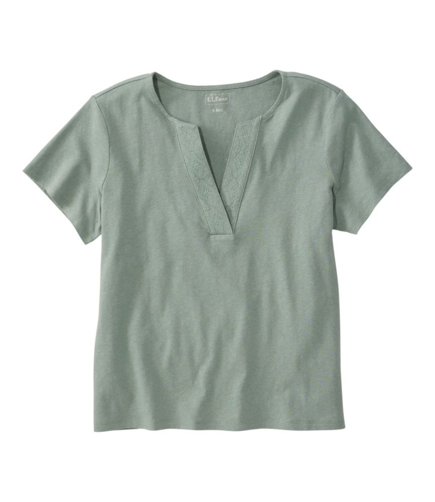 Women's Lakeside Linen/Cotton Tee, Short-Sleeve Embroidered Splitneck