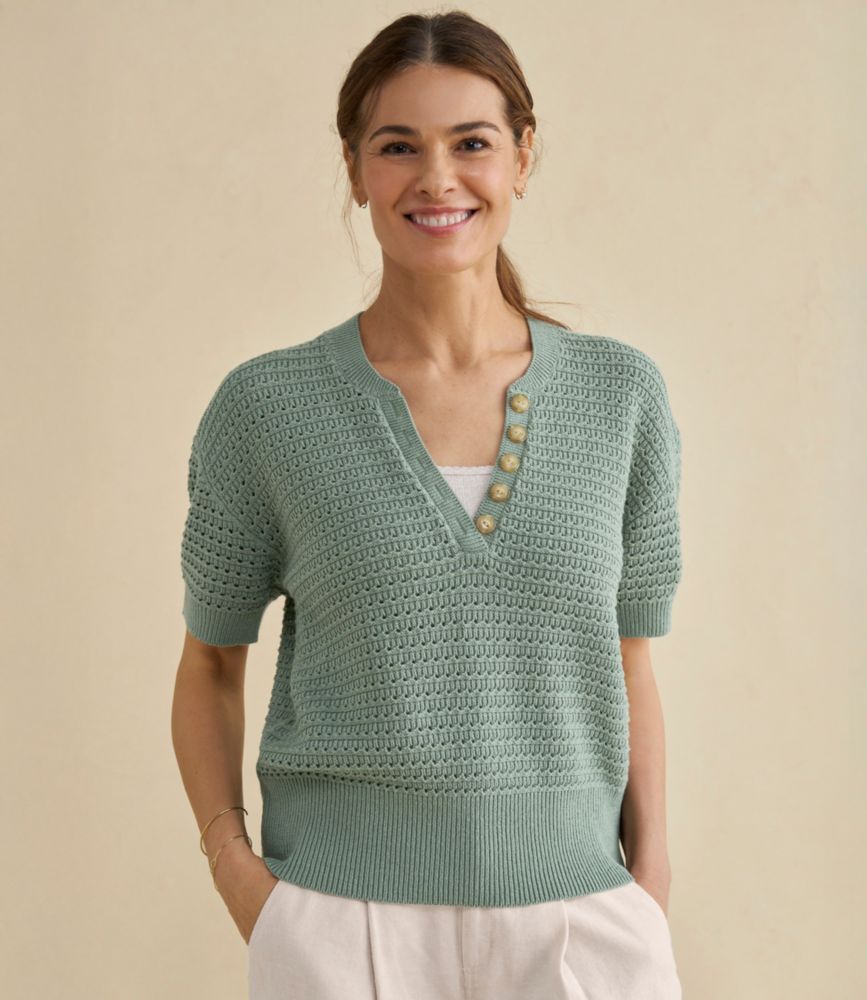 Women's Sunwashed Openwork Sweater, Short-Sleeve Henley, Deep Lake, small image number 6