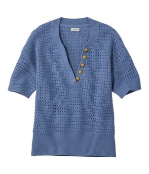Women's Sunwashed Openwork Sweater, Short-Sleeve Henley, New