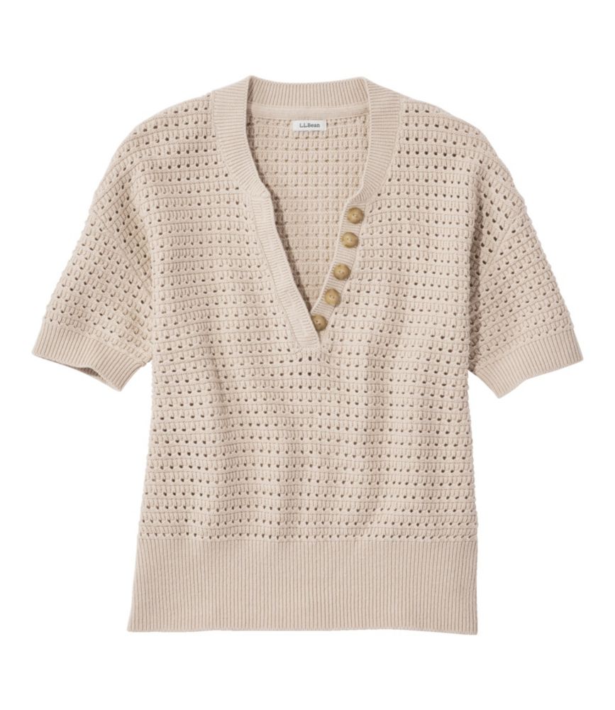 Women's Sunwashed Openwork Sweater, Short-Sleeve Henley