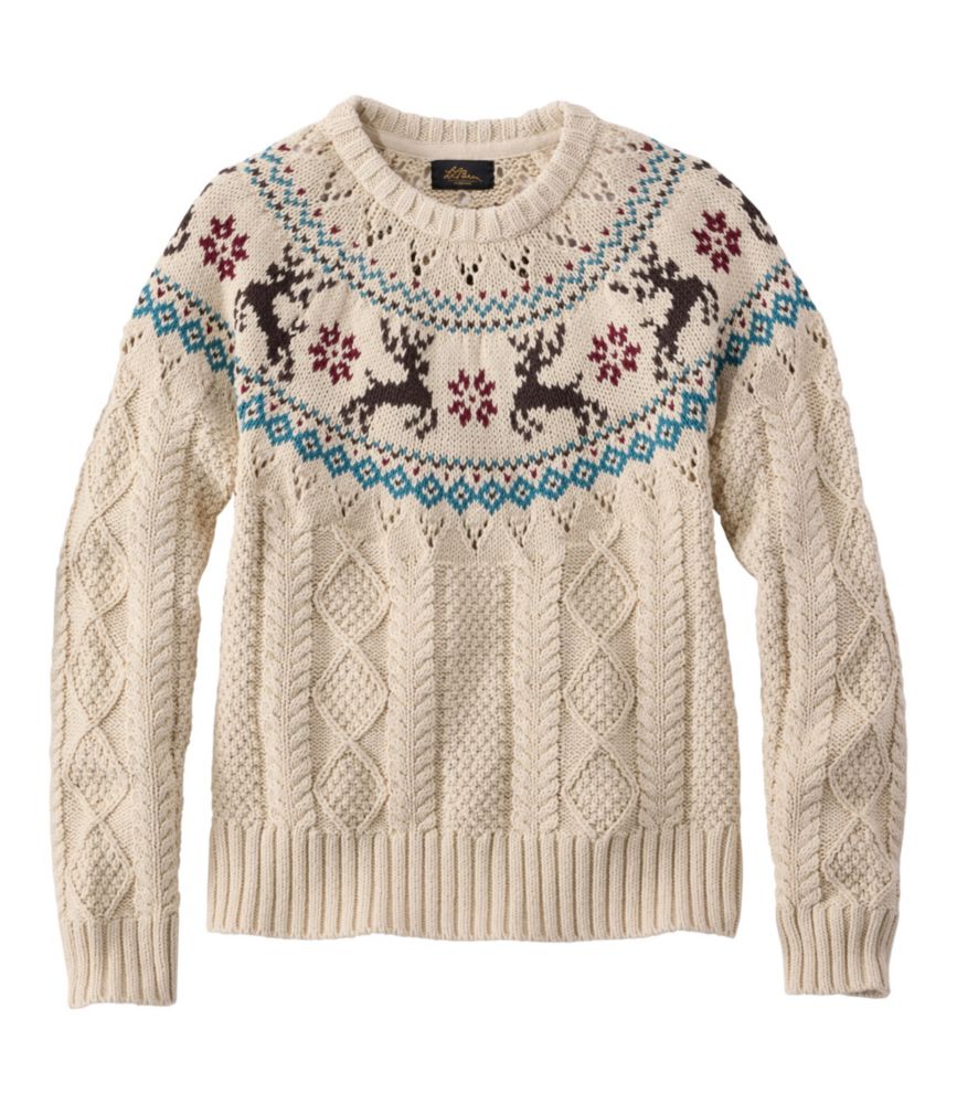 Women's Signature Cotton Fisherman Sweater, Crewneck Fair Isle