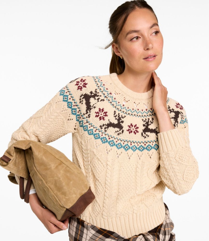 Women's Signature Cotton Fisherman Sweater, Crewneck Fair Isle