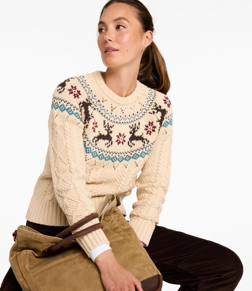Women's Signature Cotton Fisherman Sweater, Crewneck Fair Isle