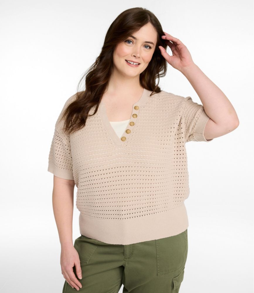 Women's Sunwashed Openwork Sweater, Short-Sleeve Henley