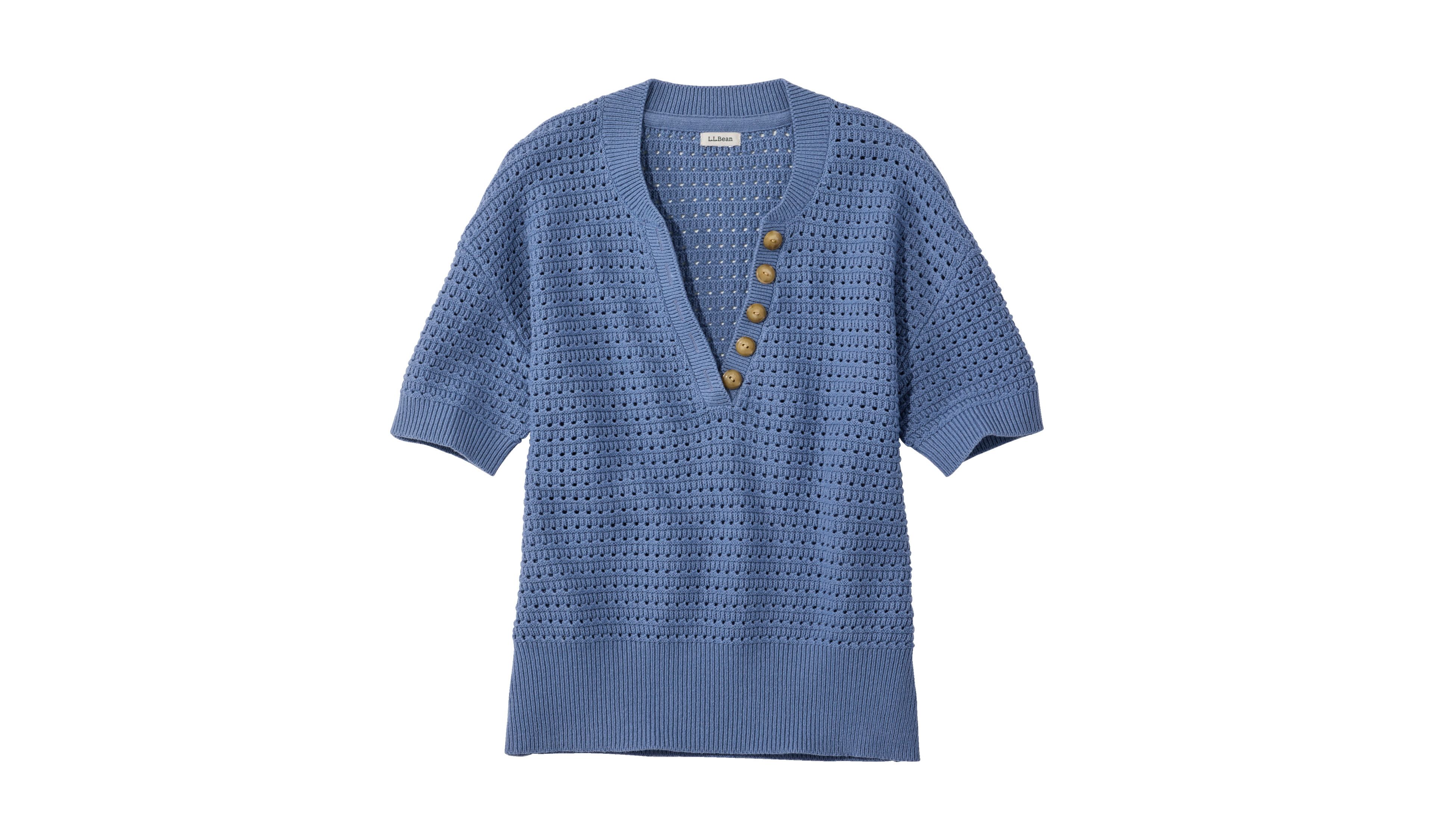 Women's Sunwashed Openwork Sweater, Short-Sleeve Henley