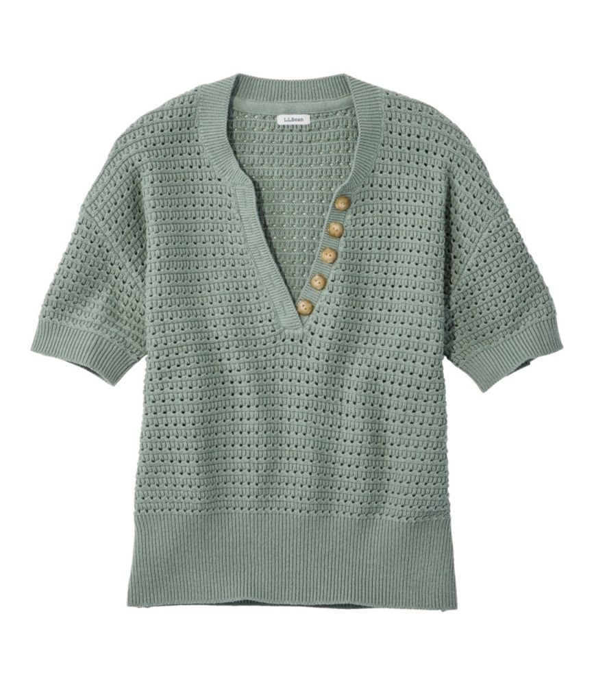 Women's Sunwashed Openwork Sweater, Short-Sleeve Henley