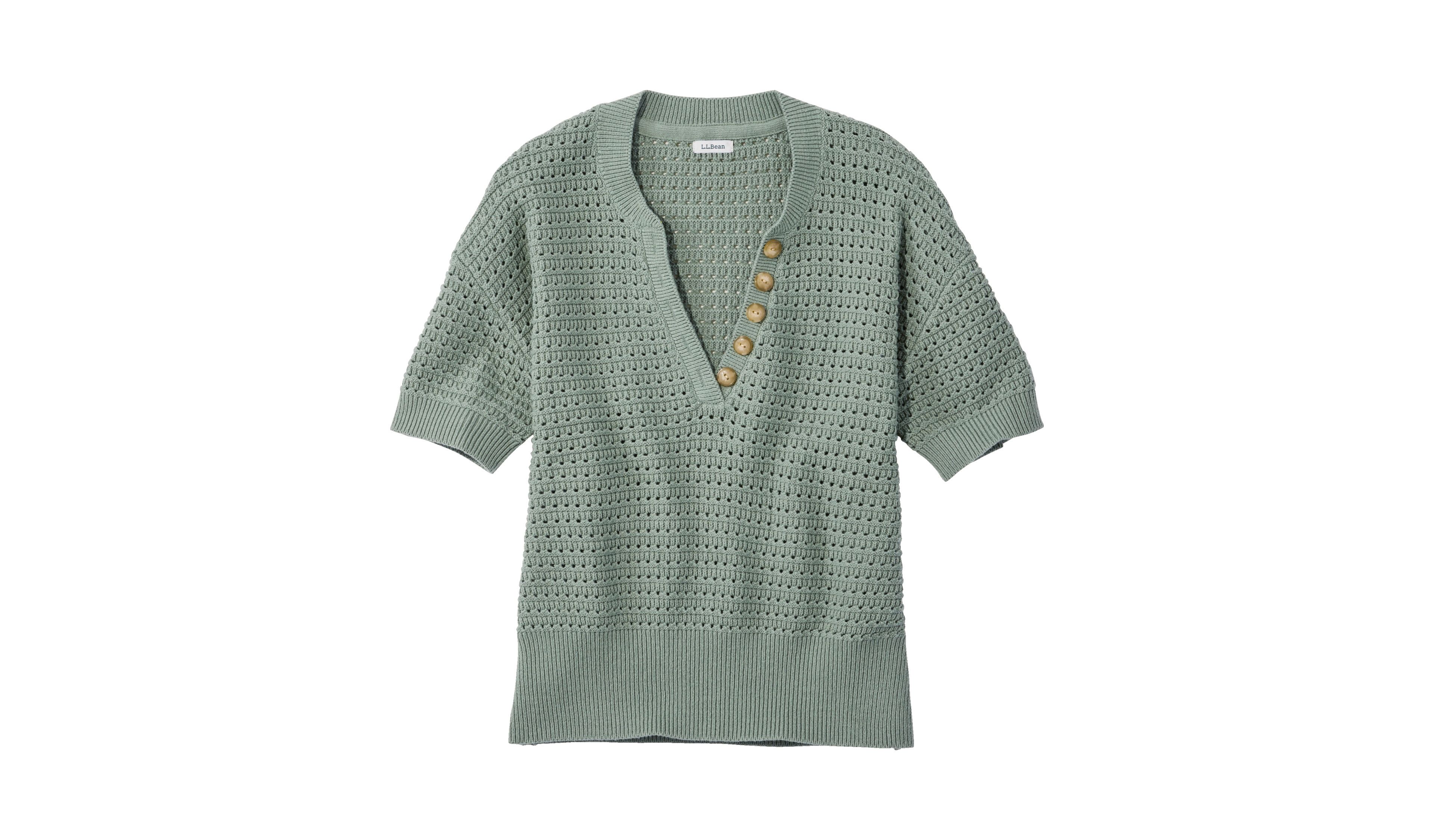 Women's Sunwashed Openwork Sweater, Short-Sleeve Henley