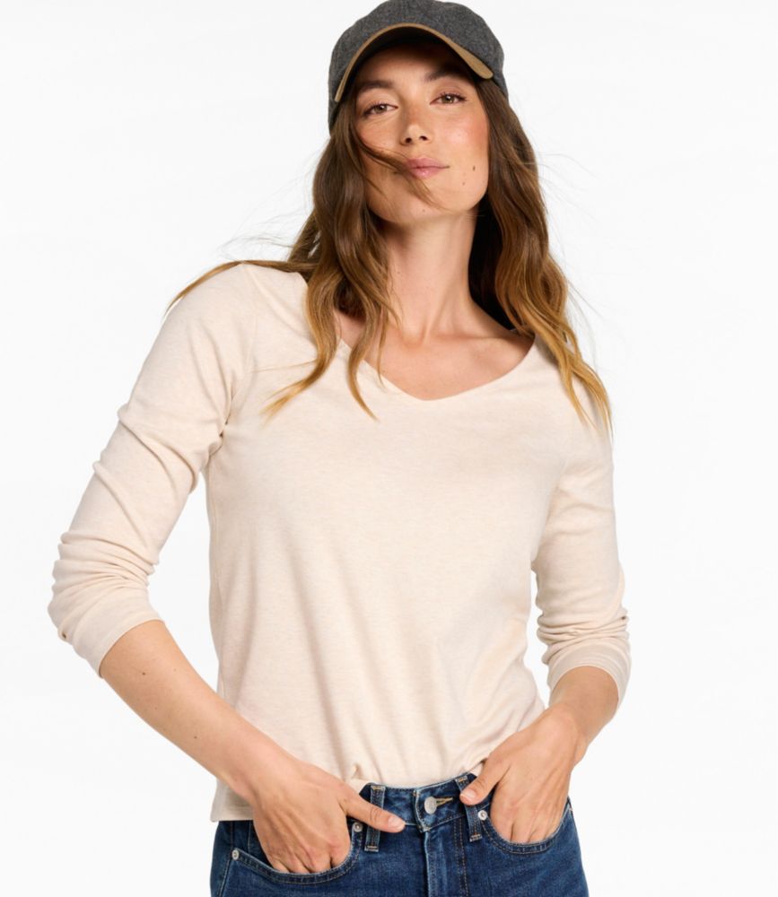 Women's Pima Cotton Tee, Long-Sleeve Open V-Neck