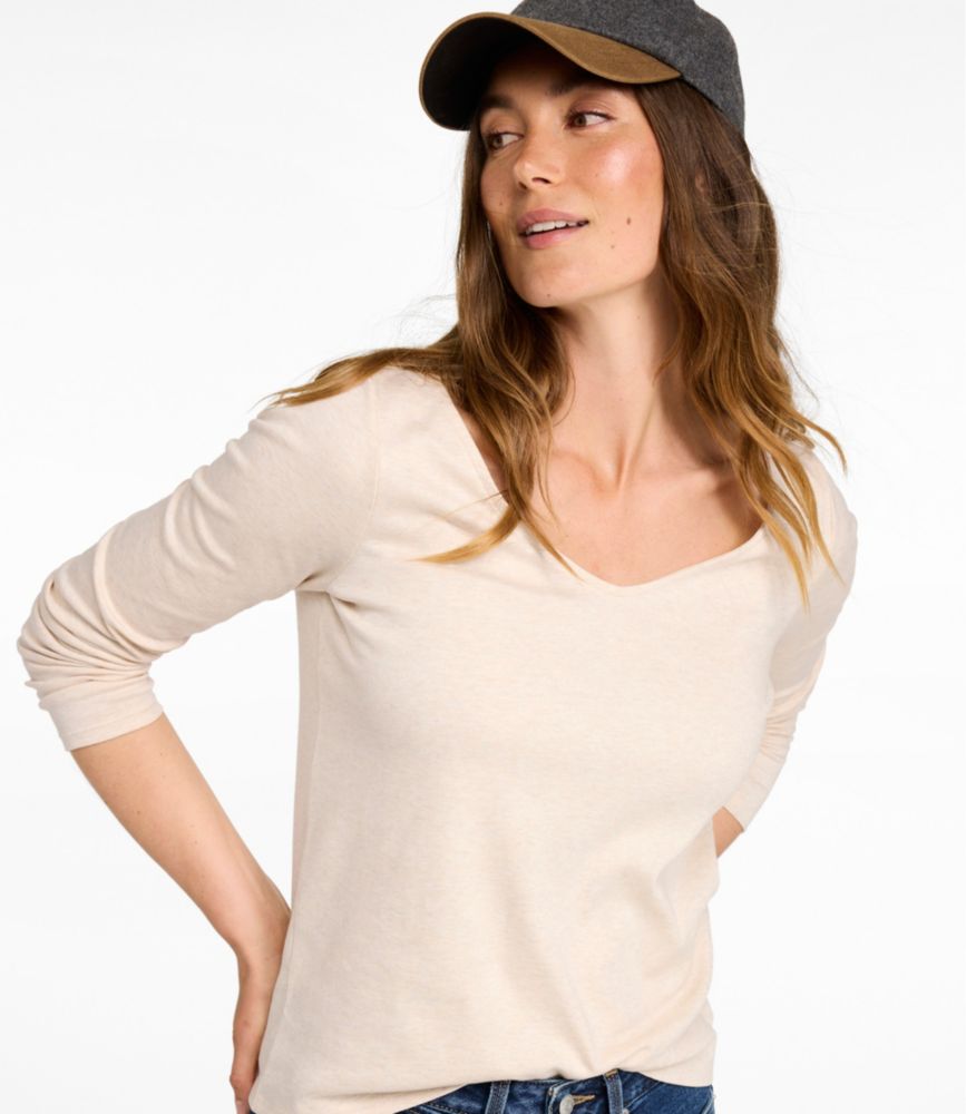 Women's Pima Cotton Tee, Long-Sleeve Open V-Neck, Deep Lake, small image number 6