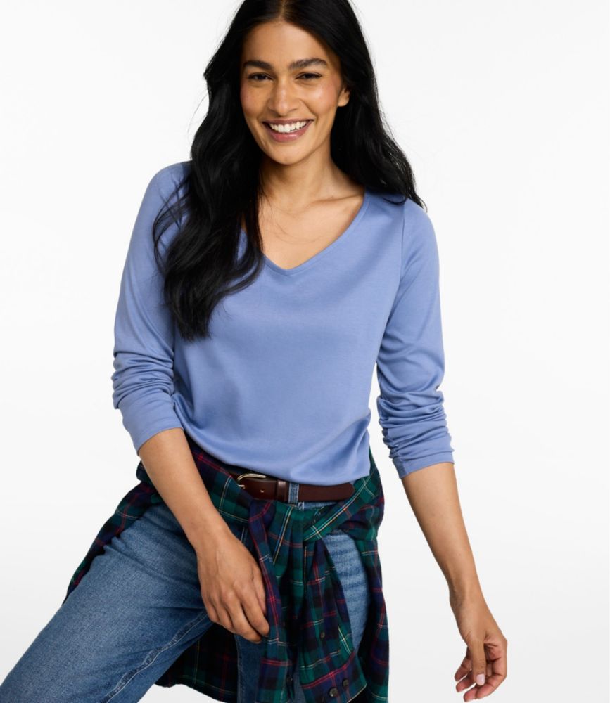 Women's Pima Cotton Tee, Long-Sleeve Open V-Neck, New