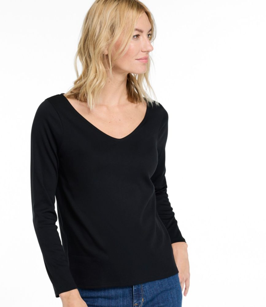 Women's Pima Cotton Tee, Long-Sleeve Open V-Neck