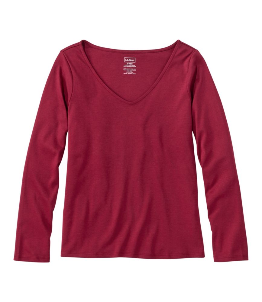 Women's Pima Cotton Tee, Long-Sleeve Open V-Neck, Bordeaux, small image number 1