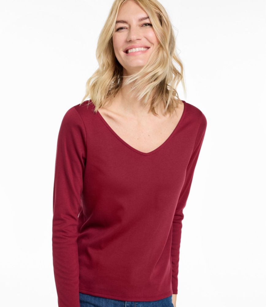 Women's Pima Cotton Tee, Long-Sleeve Open V-Neck, New