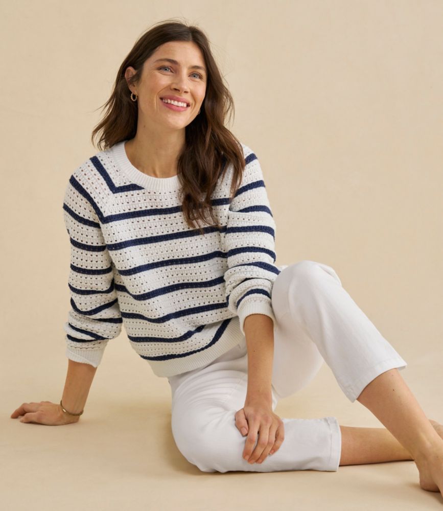 Women's Sunwashed Openwork Sweater, Crewneck Stripe, Sea Salt/Classic Navy, small image number 5