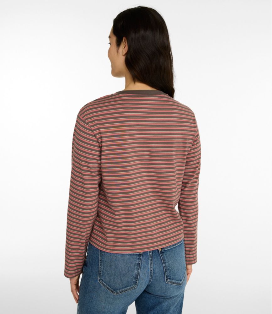 Women's Sunwashed Tee, Long-Sleeve Cropped Boxy Henley Novelty, Cream/Deep Lake/Surf Blue, small image number 3