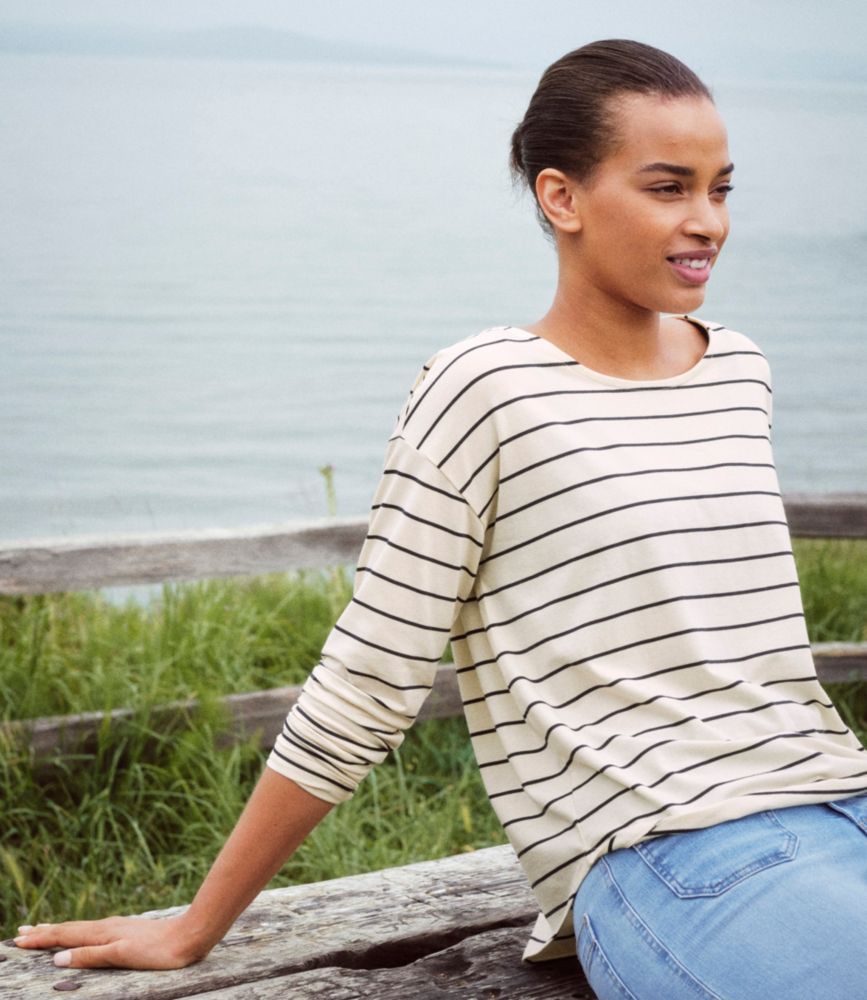 Women's Soft Stretch Supima-Blend Tee, Long Dolman-Sleeve Jewelneck Stripe, Sailcloth/Classic Navy, small image number 8