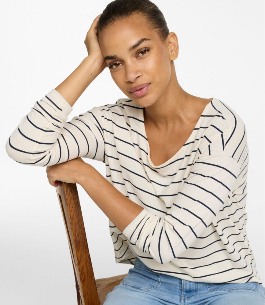 Women's Soft Stretch Supima-Blend Tee, Long Dolman-Sleeve Jewelneck Stripe, Sailcloth/Classic Navy, small image number 11