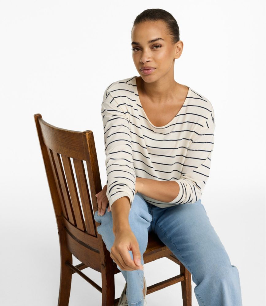 Women's Soft Stretch Supima-Blend Tee, Long Dolman-Sleeve Jewelneck Stripe
