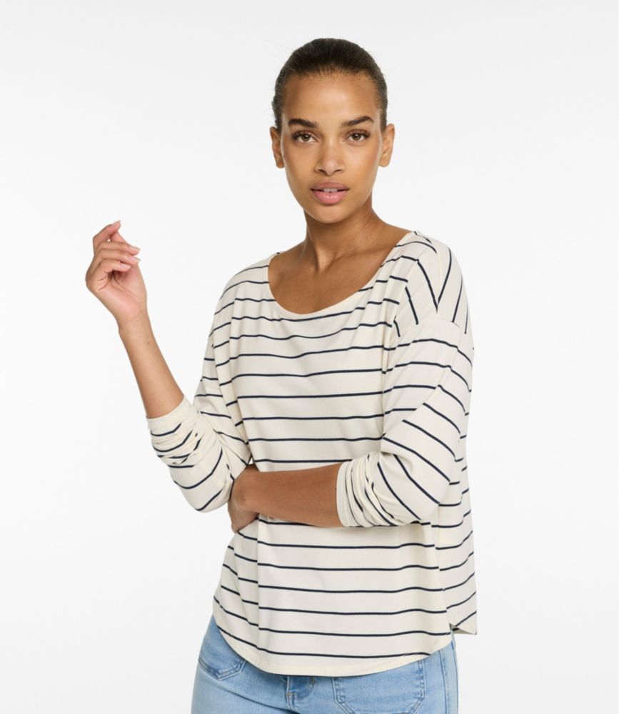 Women's Soft Stretch Supima-Blend Tee, Long Dolman-Sleeve Jewelneck Stripe
