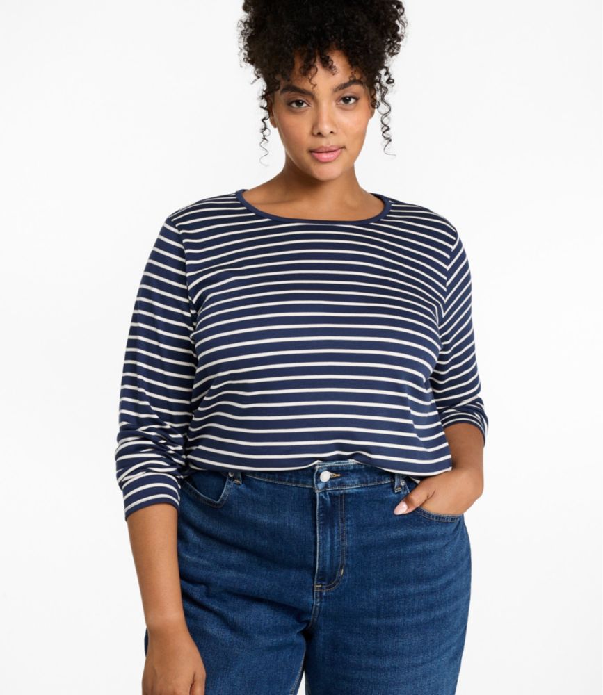 Women's Pima Cotton Tee, Long-Sleeve Crewneck Stripe, New