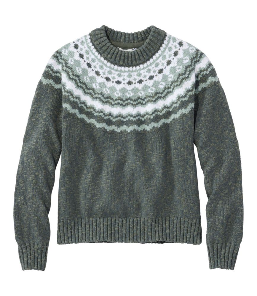 Women's Cotton Ragg Sweater, Relaxed Crewneck Fair Isle Yoke