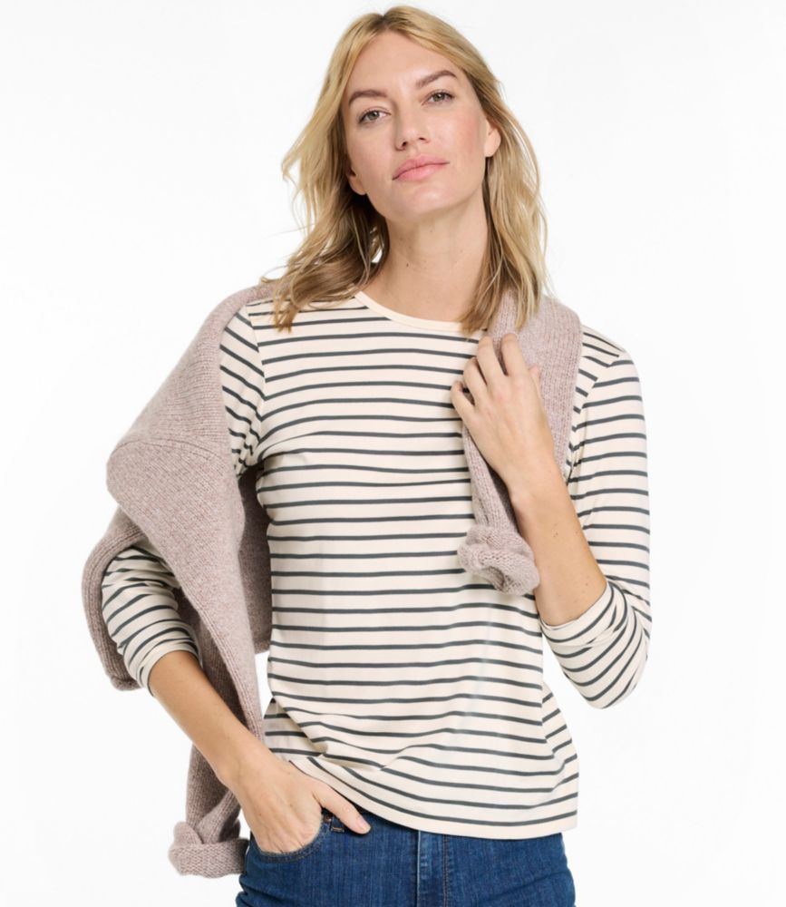 Women's Pima Cotton Tee, Long-Sleeve Crewneck Stripe