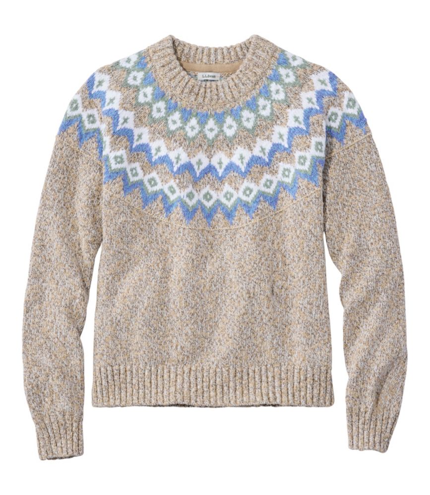 Women's Cotton Ragg Sweater, Relaxed Crewneck Fair Isle Yoke