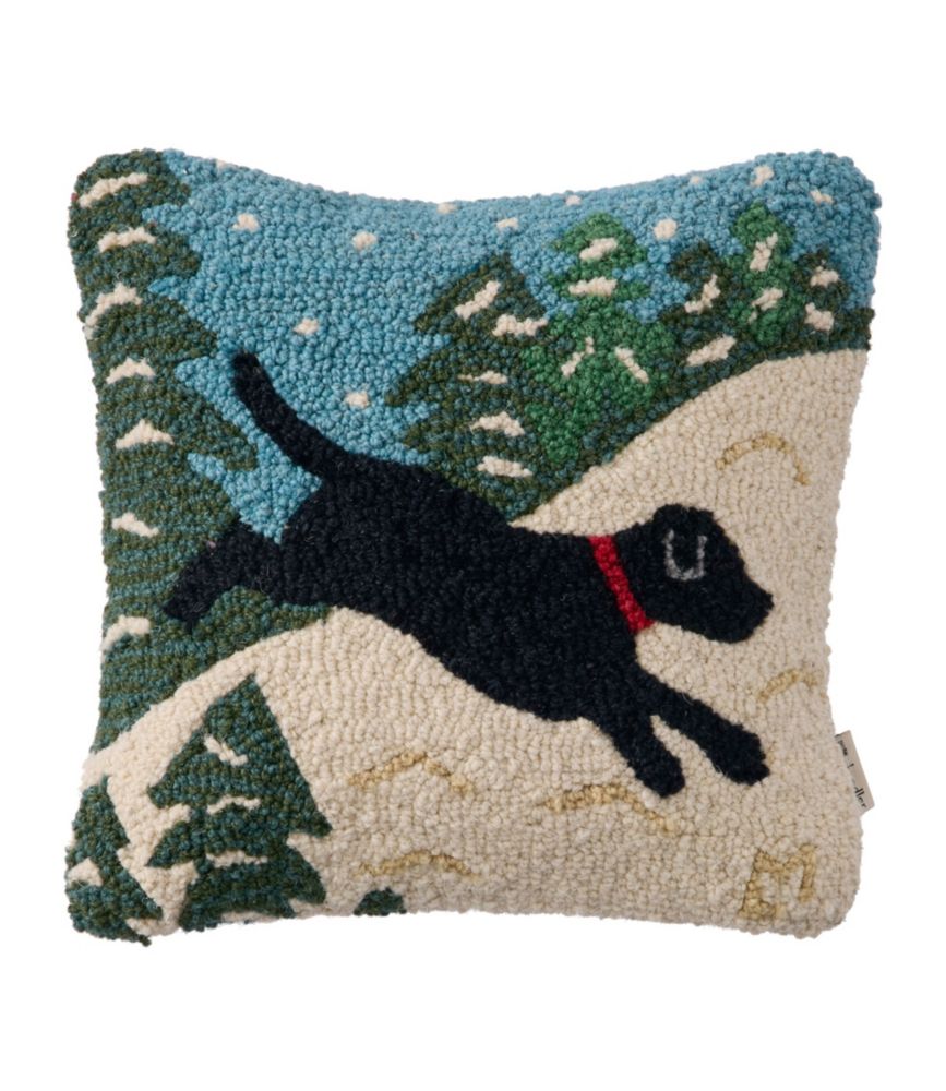 Wool Hooked Throw Pillow, Snow Day Black Dog, 14" x 14"