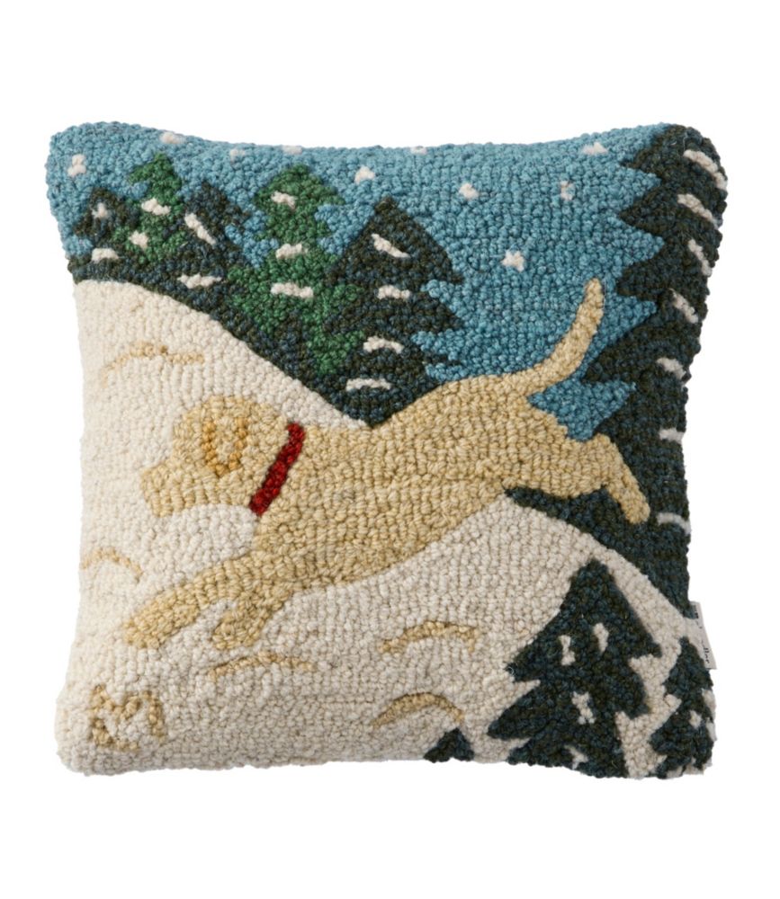 Wool Hooked Throw Pillow, Snow Day Yellow Dog, 14" x 14"
