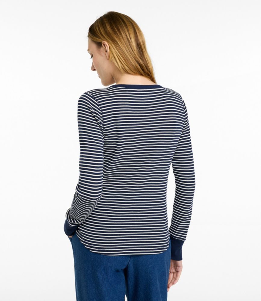 Women's Waffle-Knit Top, Long-Sleeve Jewelneck Stripe, Classic Navy/Cream, small image number 3