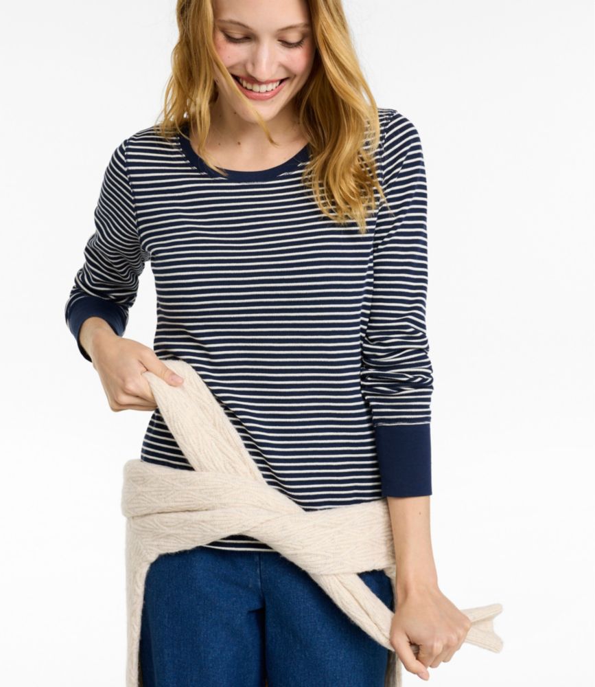 Women's Waffle-Knit Top, Long-Sleeve Jewelneck Stripe