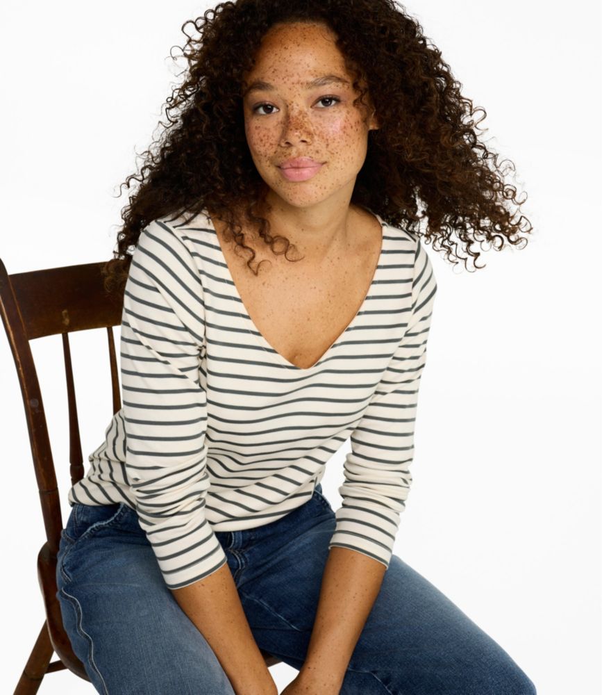 Women's Pima Cotton Tee, Long-Sleeve Open V-Neck Stripe