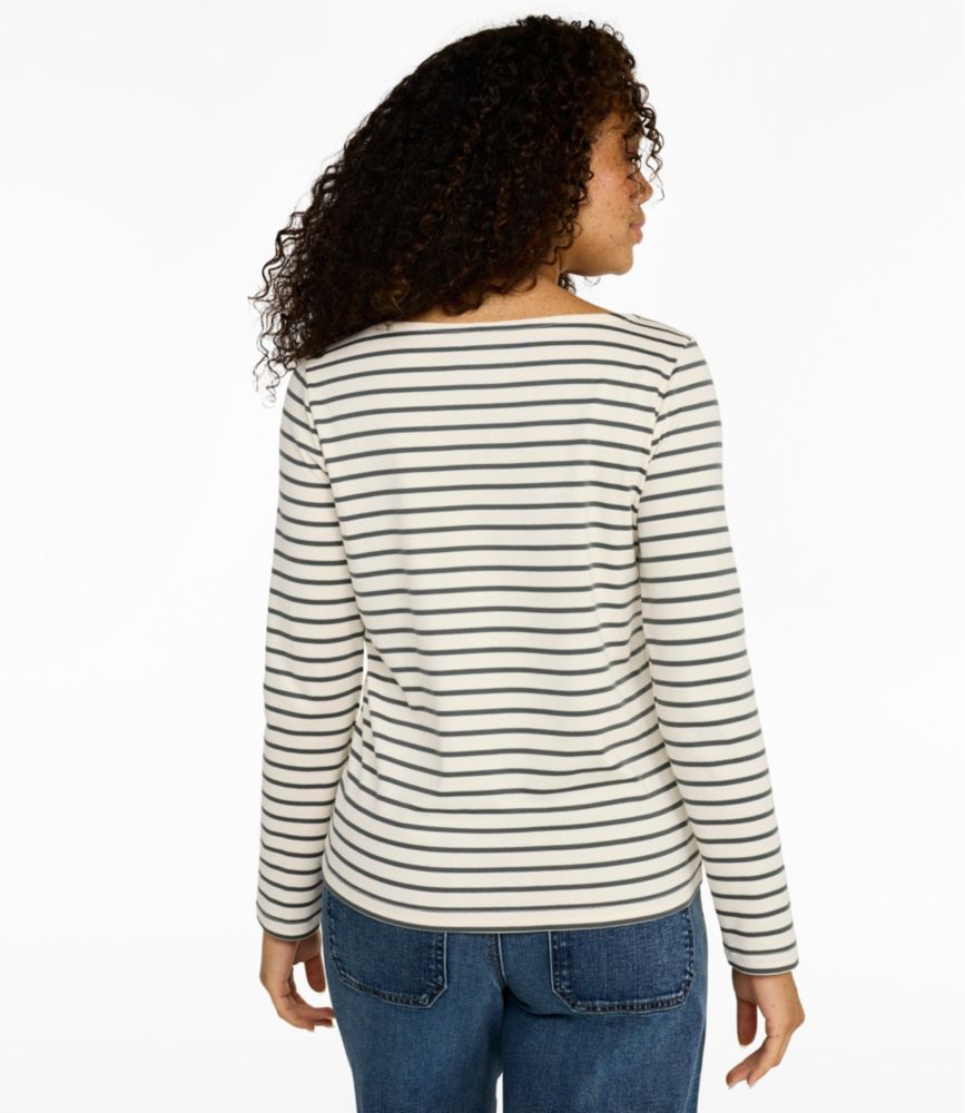 Women's Pima Cotton Tee, Long-Sleeve Open V-Neck Stripe, Cream/Shadow Green, small image number 3